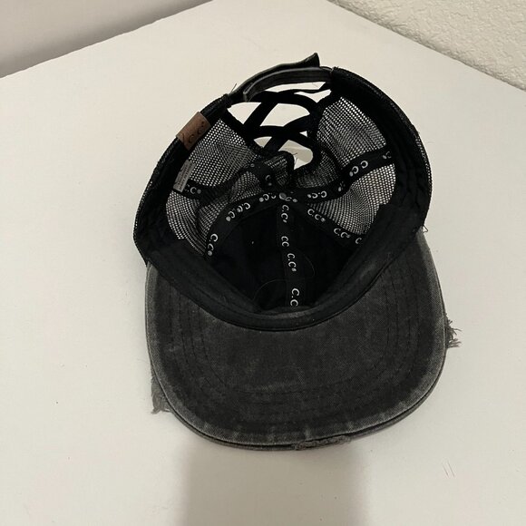 CC Exclusives Ponytail Hat Womens Baseball Cap Black Distressed Strapback Mesh - Picture 8 of 10